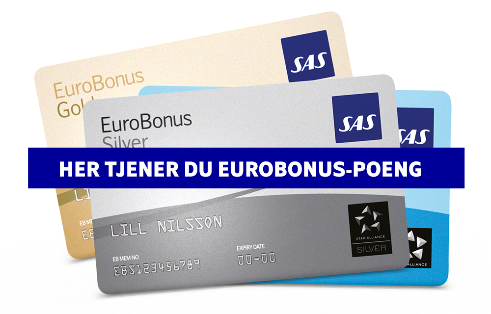 Tre EuroBonus-kort med teksten 'Her tjener du EuroBonus-poeng'