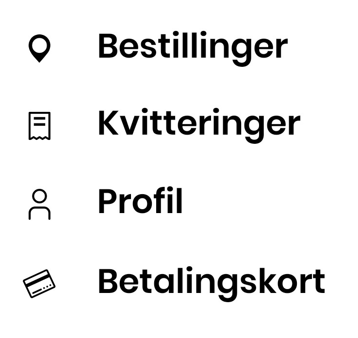 Meny i Taxifix med elementene 'Bestillinger', 'Kvitteringer', 'Profil', og 'Betalingskort'.