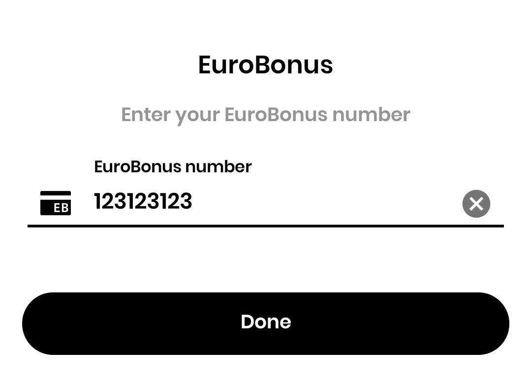 Meny i Taxifix med tittel 'EuroBonus' hvor en kan legge inn EuroBonus-nummer
